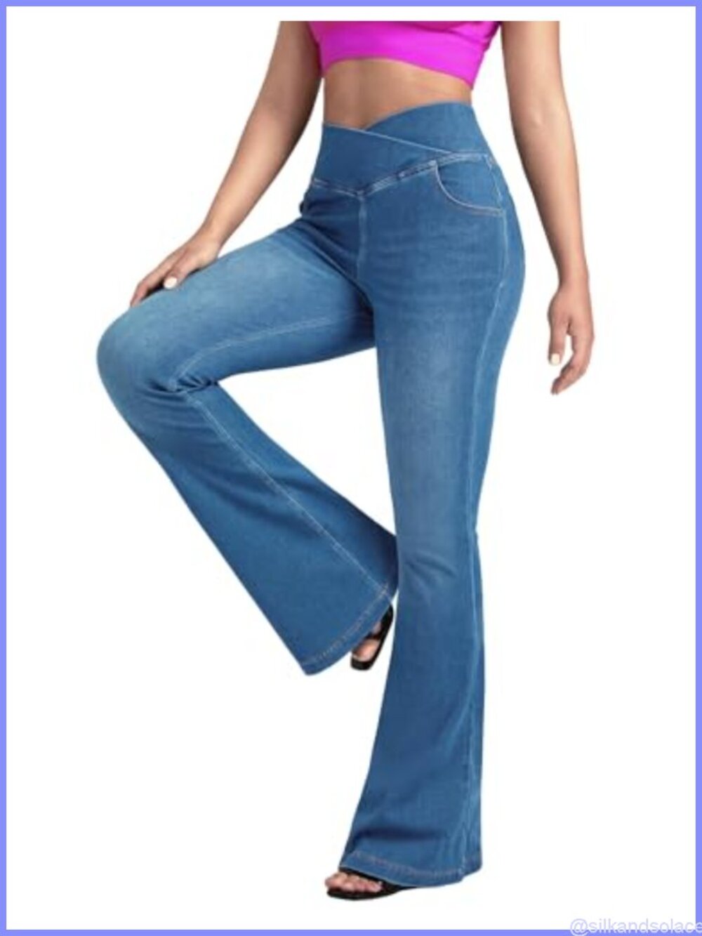 Womens Stretch Knit Flare Bell Bottom Jeans High Waisted Crossover Bootcut Pants
